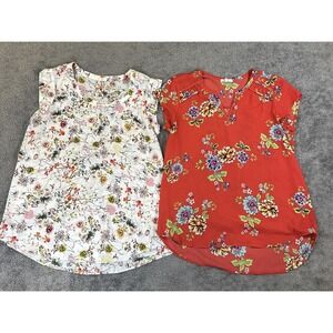 Lot (2) Women's Pleione Blouse Medium Red & White w/ Floral pattern Cap Sleeves